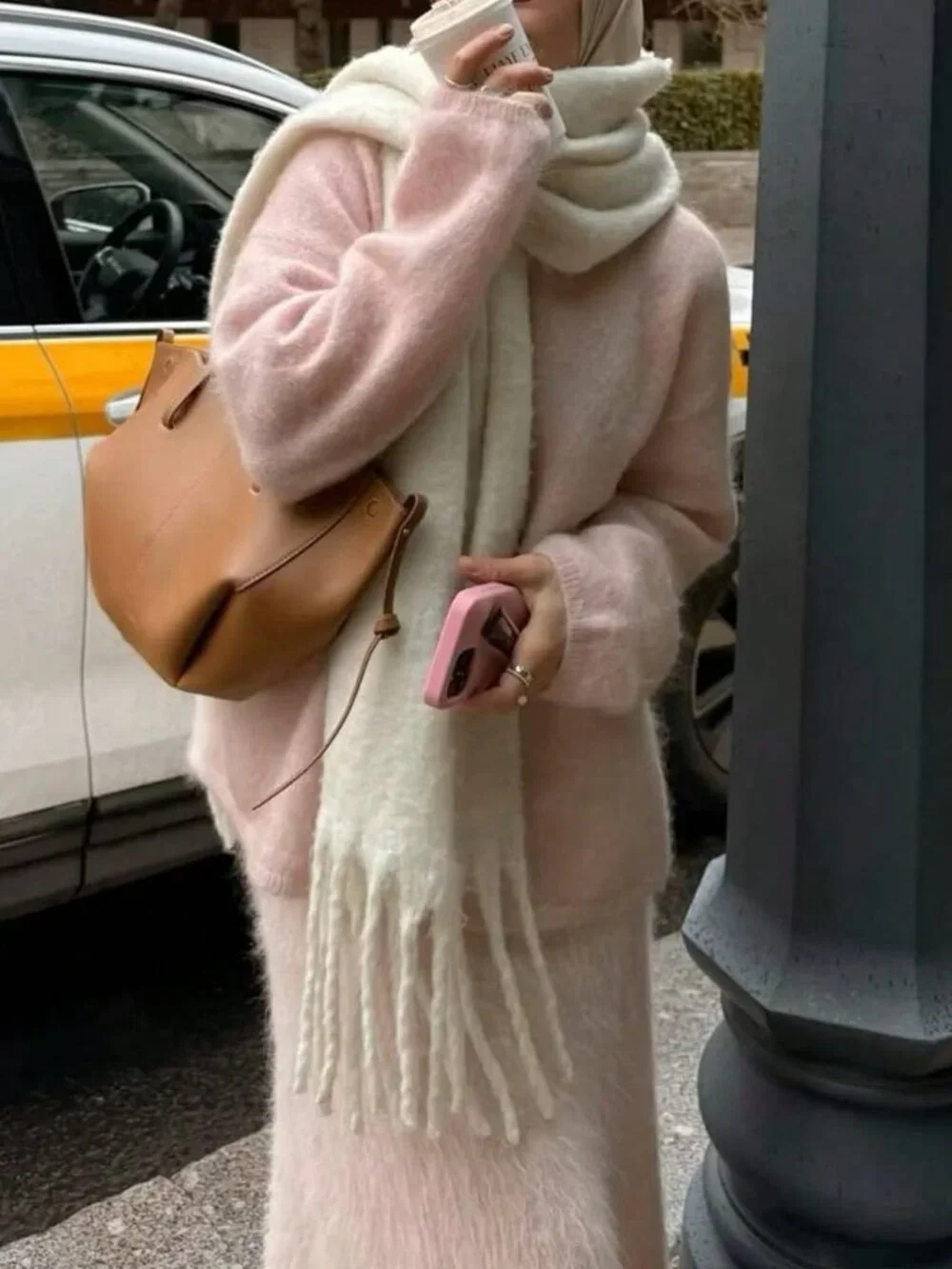 Cream cozy and warm Casual Women's Plain Plush Tassel Shawl scarf